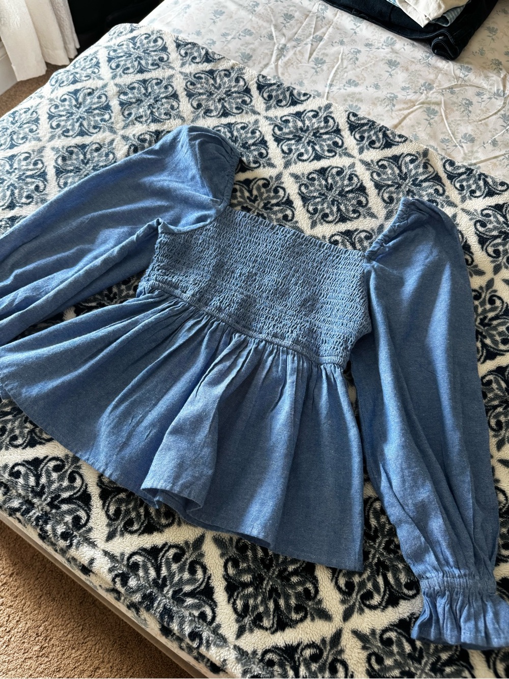 Smocked Peplum Long-Sleeve Top - Blue